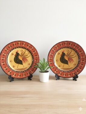 Rooster Ceramic Plates Set 2 Hand Painted Earthtones Tuscan Farmhouse Country
